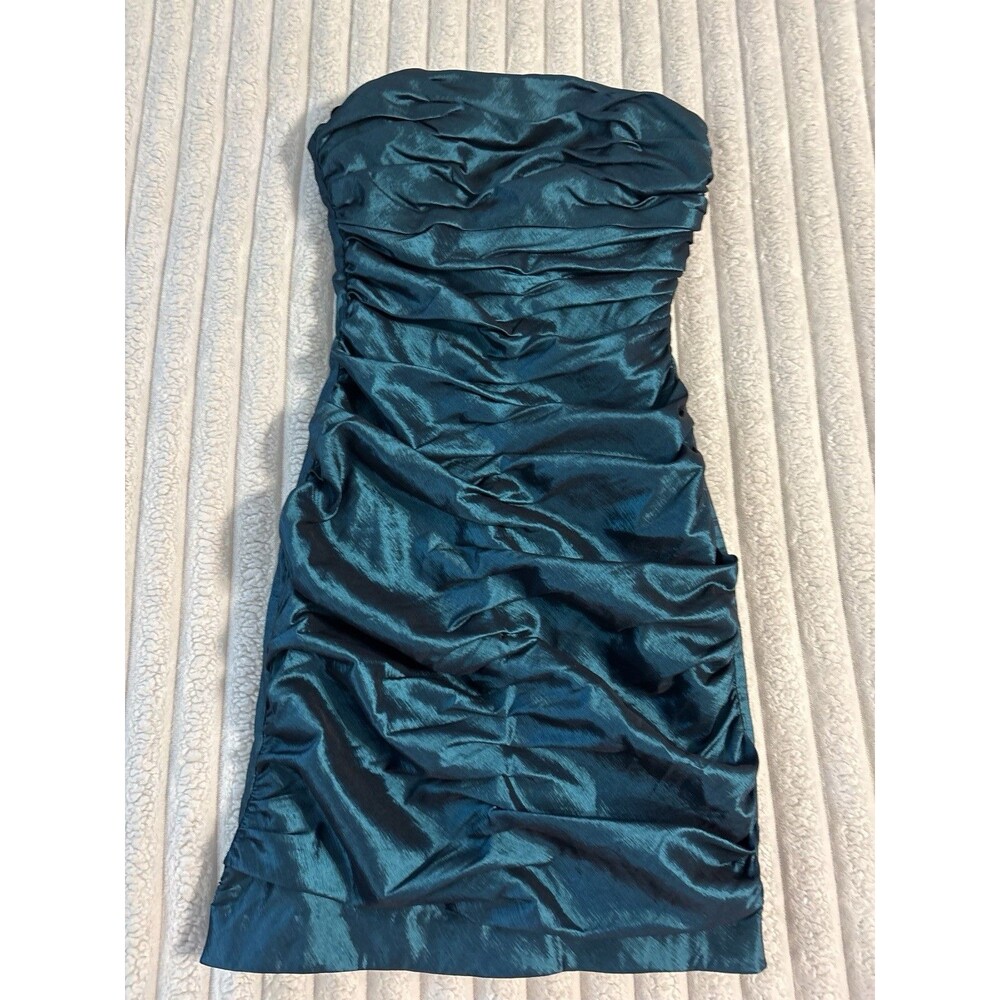 Vintage 90s Jessica McClintock Ruched Cocktail Mini Dress Women Size 4 Teal Blue